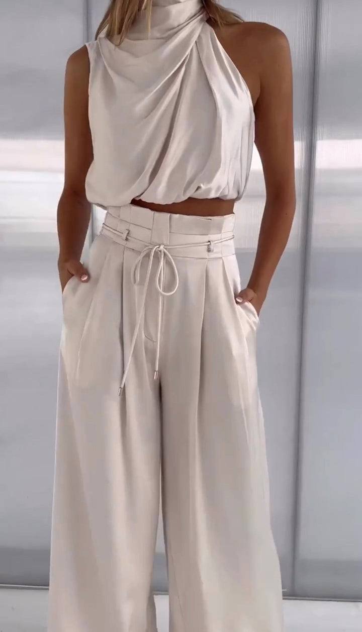 Leona | Damen Zweiteiler Neckholder Crop Top Weite Hose - Cream - Image 9