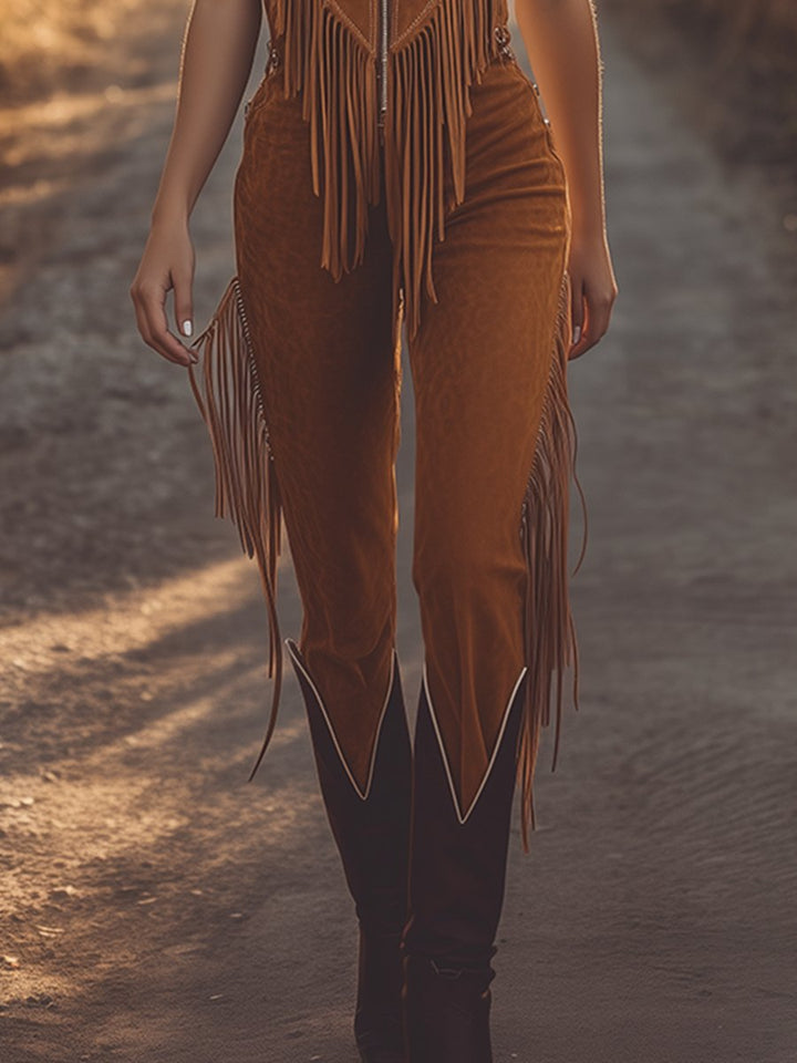 Leonie | Damen Fransen Jumpsuit mit Reißverschluss - Brown - Image 5