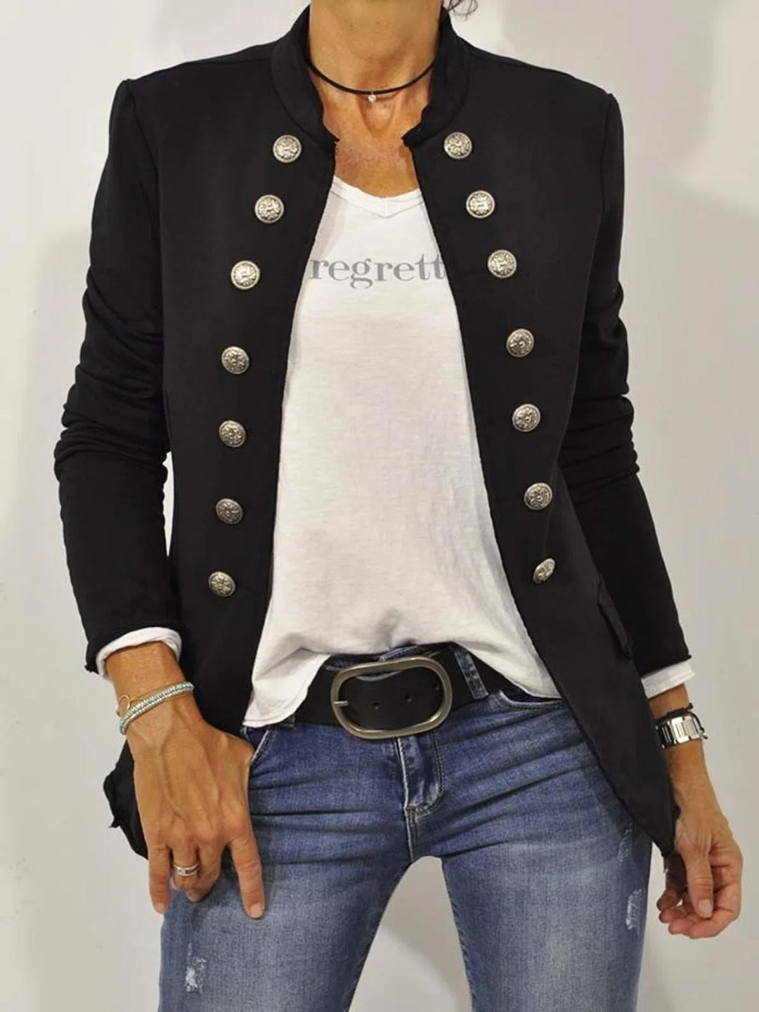 Leonie | Damen Military Blazer Stehkragen Zierknöpfe - Black - Image 1