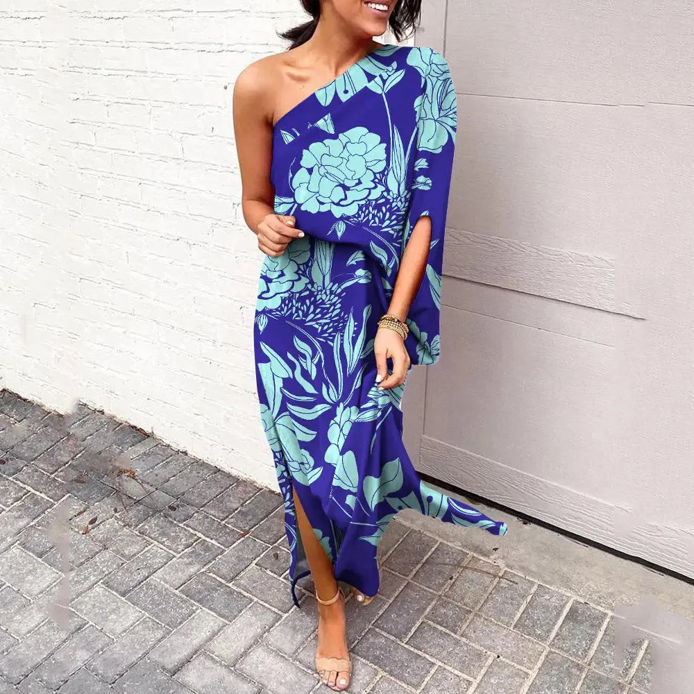 Leonie | Damen One-Shoulder Blumenprint Maxikleid - Royal Blue - Image 1