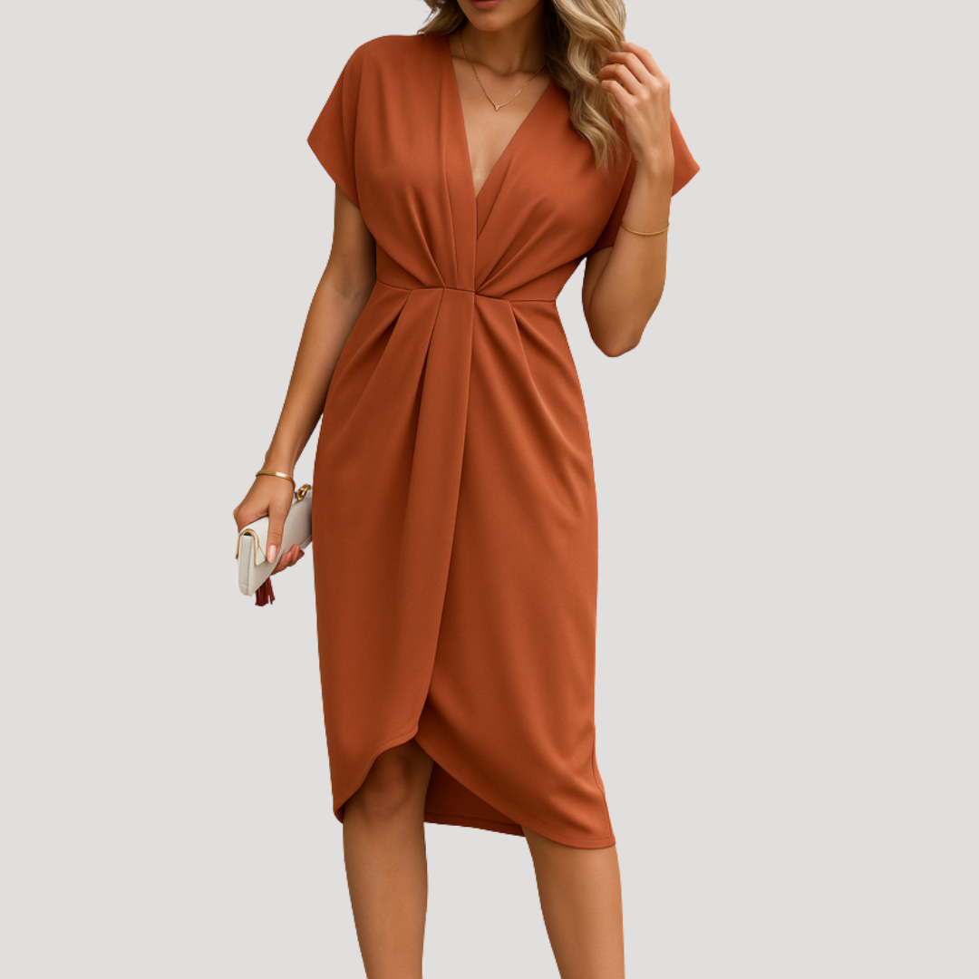 Leonie | Damen Wickelkleid Midi V-Ausschnitt - Black - Image 3
