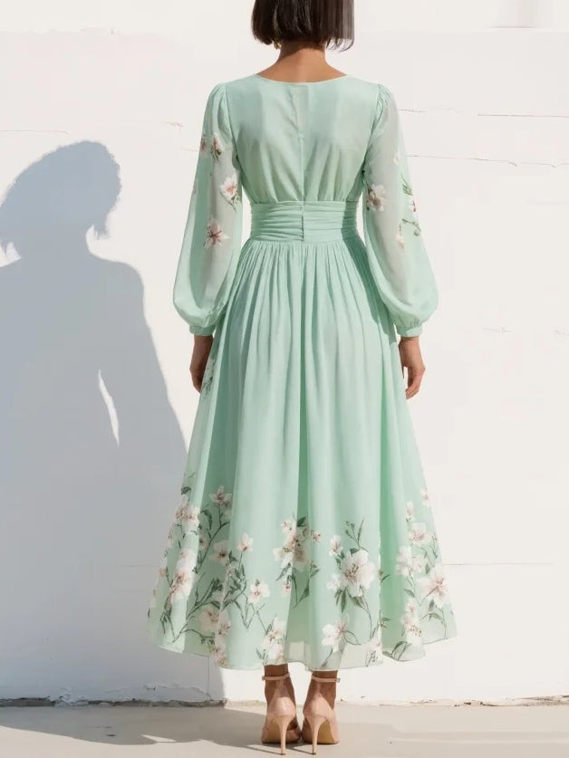 Leonora | Damen Blumen Midi Kleid mit V-Ausschnitt - Green - Image 2