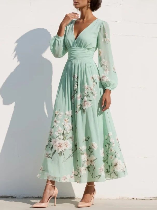 Leonora | Damen Blumen Midi Kleid mit V-Ausschnitt - Green - Image 3