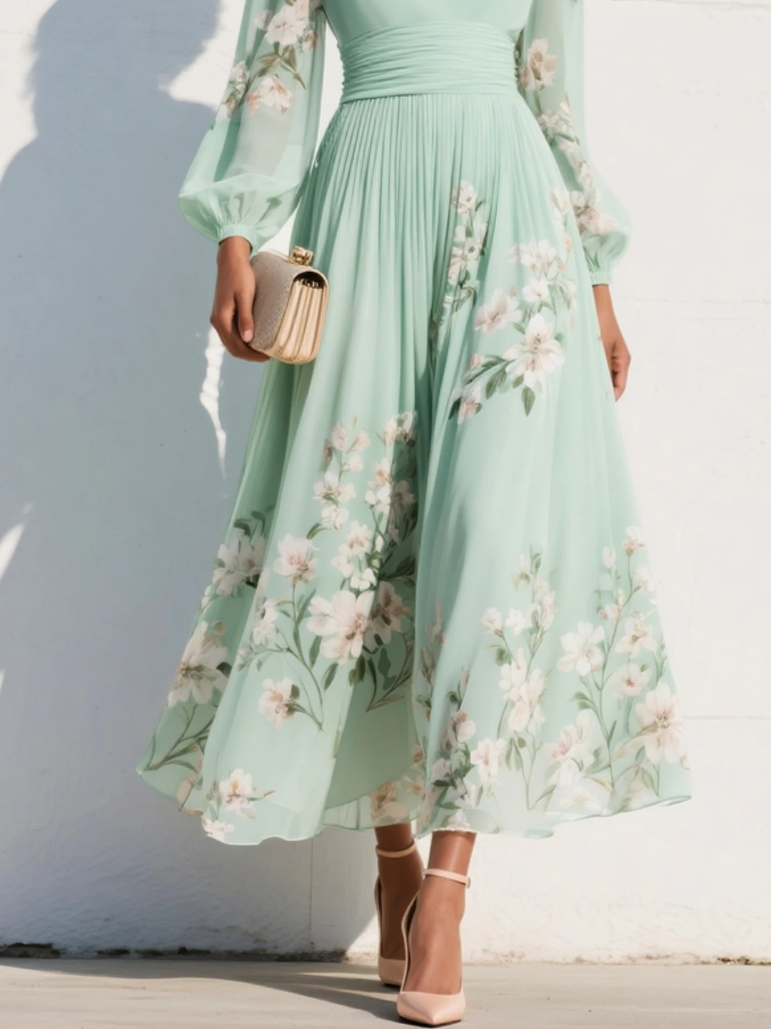 Leonora | Damen Blumen Midi Kleid mit V-Ausschnitt - Green - Image 5