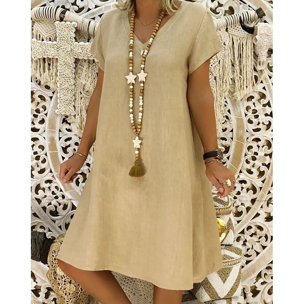 Leonora | Damen V-Ausschnitt Kurzarm Mini Kleid - Beige - Image 1
