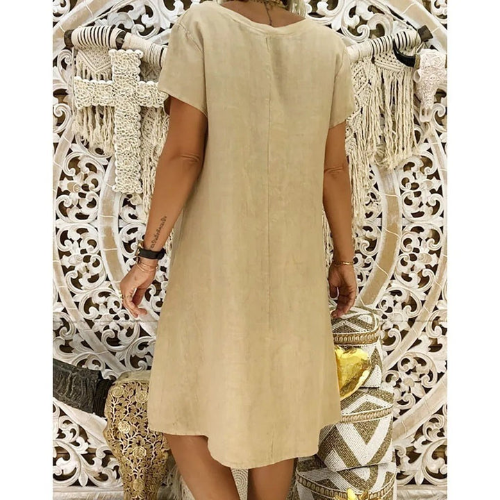 Leonora | Damen V-Ausschnitt Kurzarm Mini Kleid - Beige - Image 2