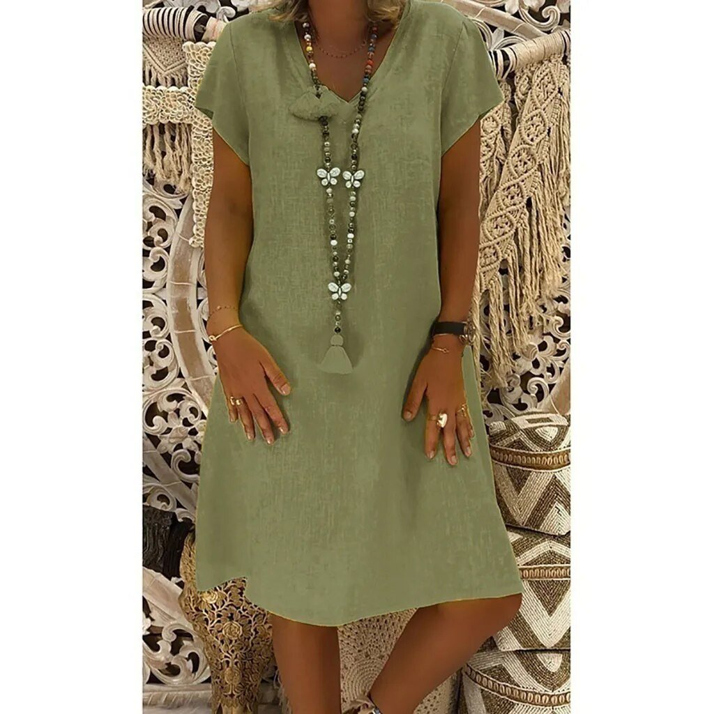 Leonora | Damen V-Ausschnitt Kurzarm Mini Kleid - Beige - Image 6
