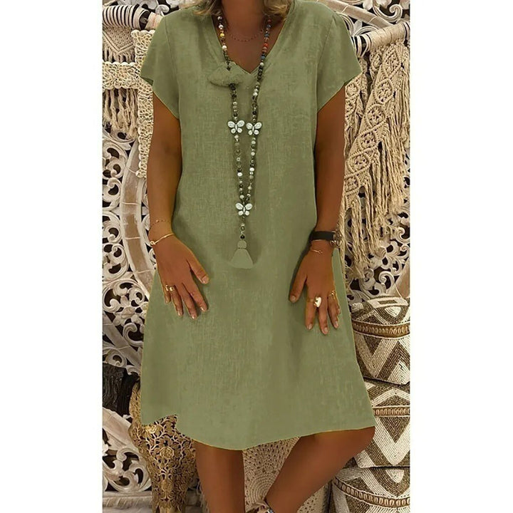 Leonora | Damen V-Ausschnitt Kurzarm Mini Kleid - Beige - Image 6