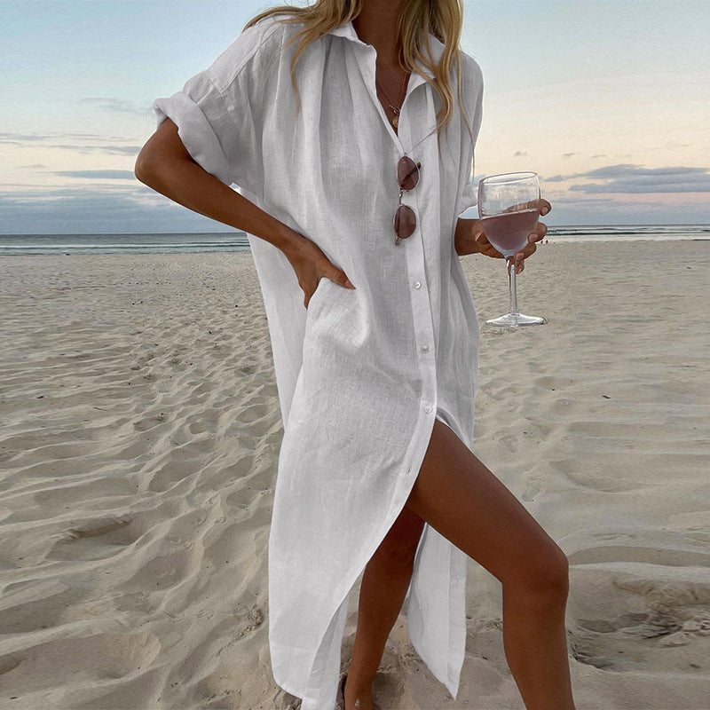 Leontine | Damen Hemdblusenkleid Knopfleiste Midi Strandkleid - Image 6