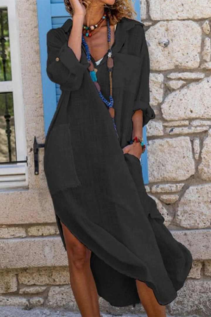 Levka | Damen Oversized Hemdblusenkleid Midi V-Ausschnitt - Black - Image 1