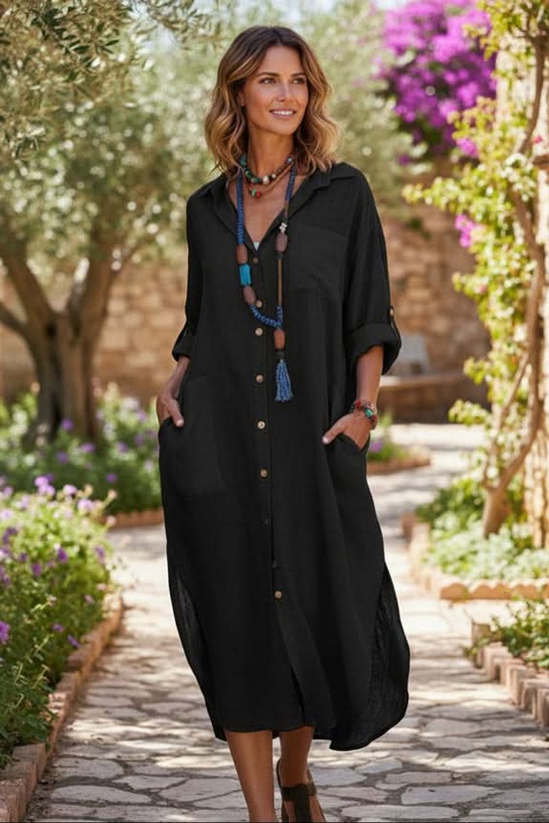 Levka | Damen Oversized Hemdblusenkleid Midi V-Ausschnitt - Black - Image 2