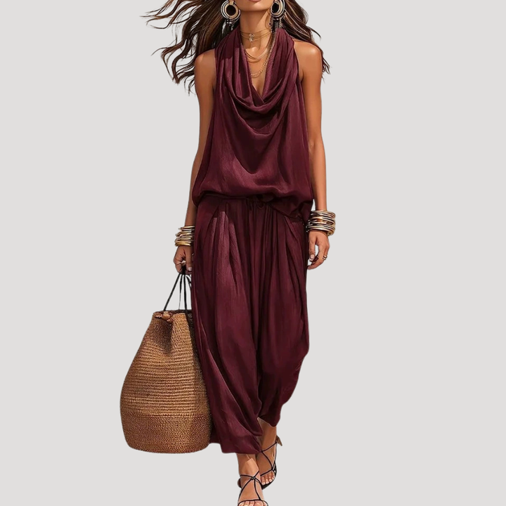 Levke | Damen Zweiteiler Set Wasserfallausschnitt Ärmellos - Burgundy - Image 1