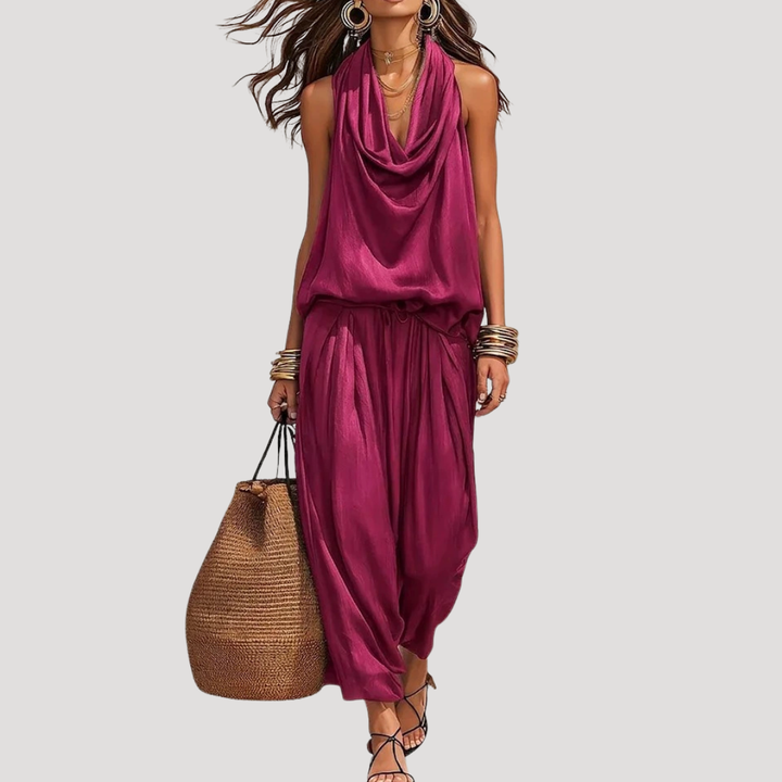 Levke | Damen Zweiteiler Set Wasserfallausschnitt Ärmellos - Burgundy - Image 5