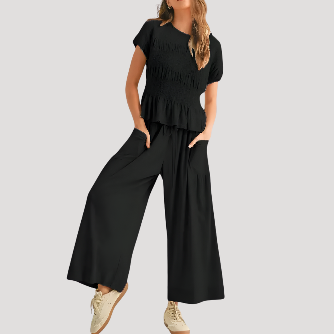 Lillian | Damen Kurzarm Zweiteiler Set Weite Hose - Black - Image 1