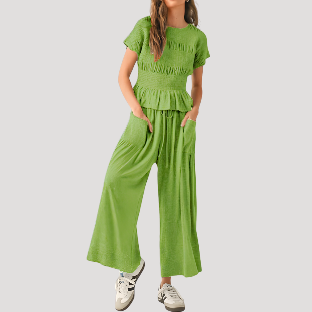Lillian | Damen Kurzarm Zweiteiler Set Weite Hose - Black - Image 5