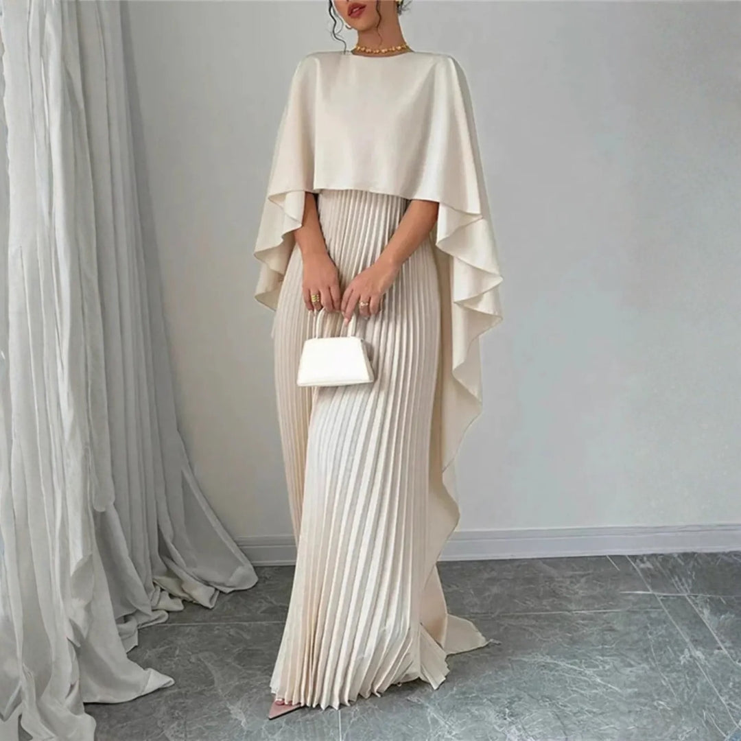 Lilou | Damen Cape Plissee Maxikleid Hochzeitsgast - Cream - Image 3