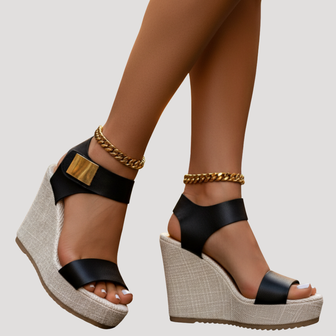 Linnea | Damen Plateau Sandalen mit Keilabsatz und Knöchelriemen - Black - Image 3