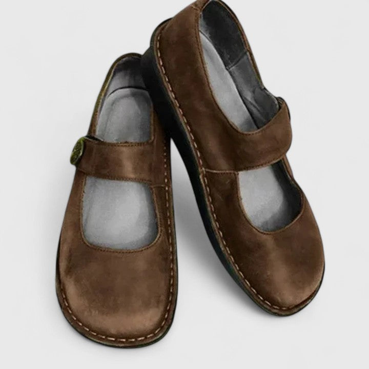 Mila | Damen Mary Jane Schuhe Leder-Optik Flach Velours Bequem