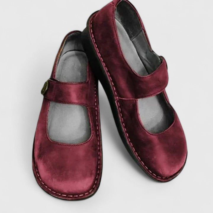 Mila | Damen Mary Jane Schuhe Leder-Optik Flach Velours Bequem
