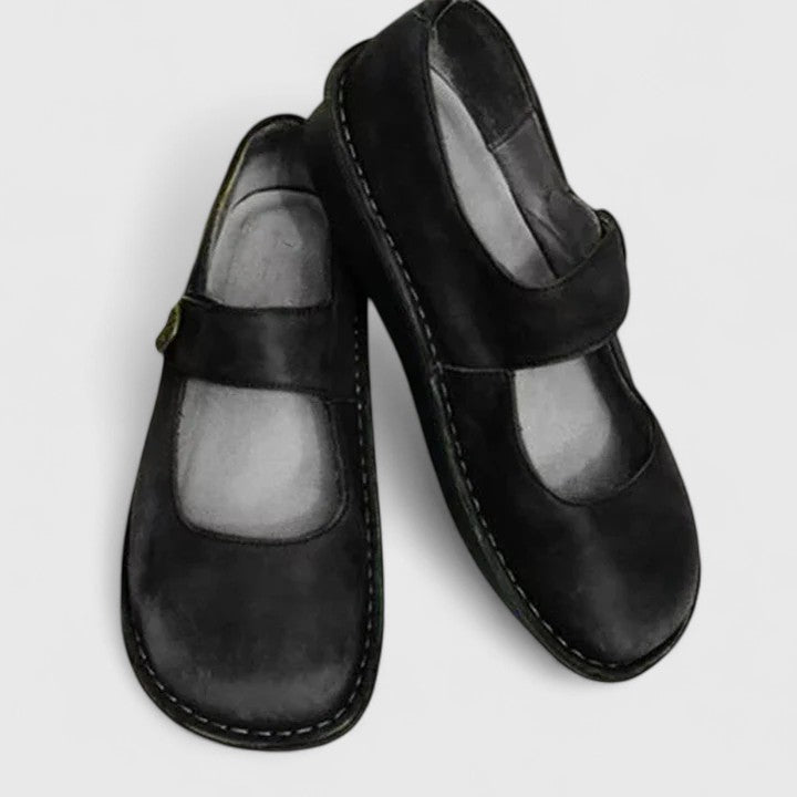 Mila | Damen Mary Jane Schuhe Leder-Optik Flach Velours Bequem