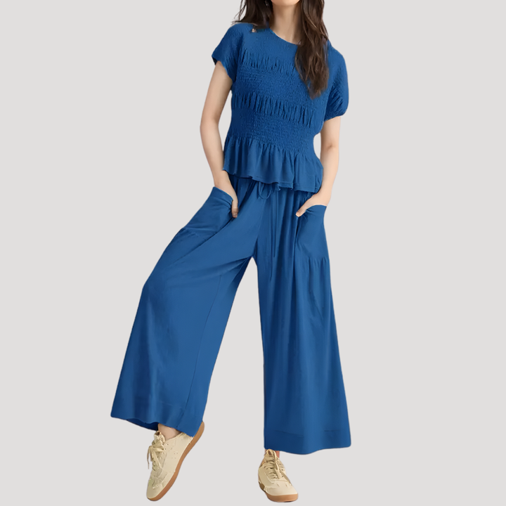 Lirette | Damen Zweiteiler Peplum Top Weite Hose Set - Black - Image 6