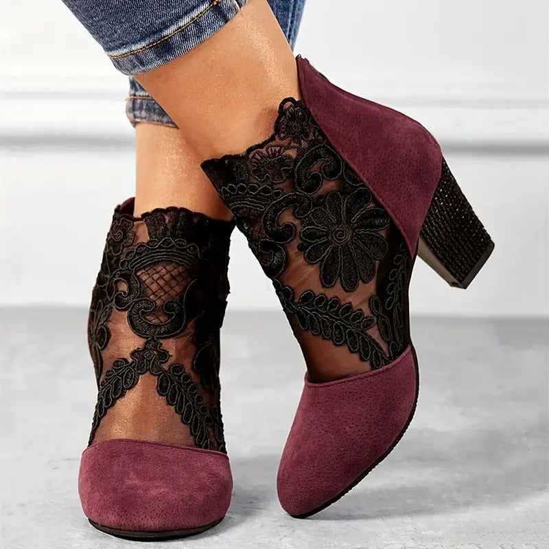 Léontine | Damen Spitze Stiefeletten mit Blockabsatz - Burgundy - Image 2
