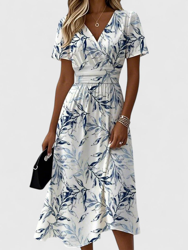 Lorelei | Damen Wickelkleid Blätterprint Midi Kleid - White - Image 1