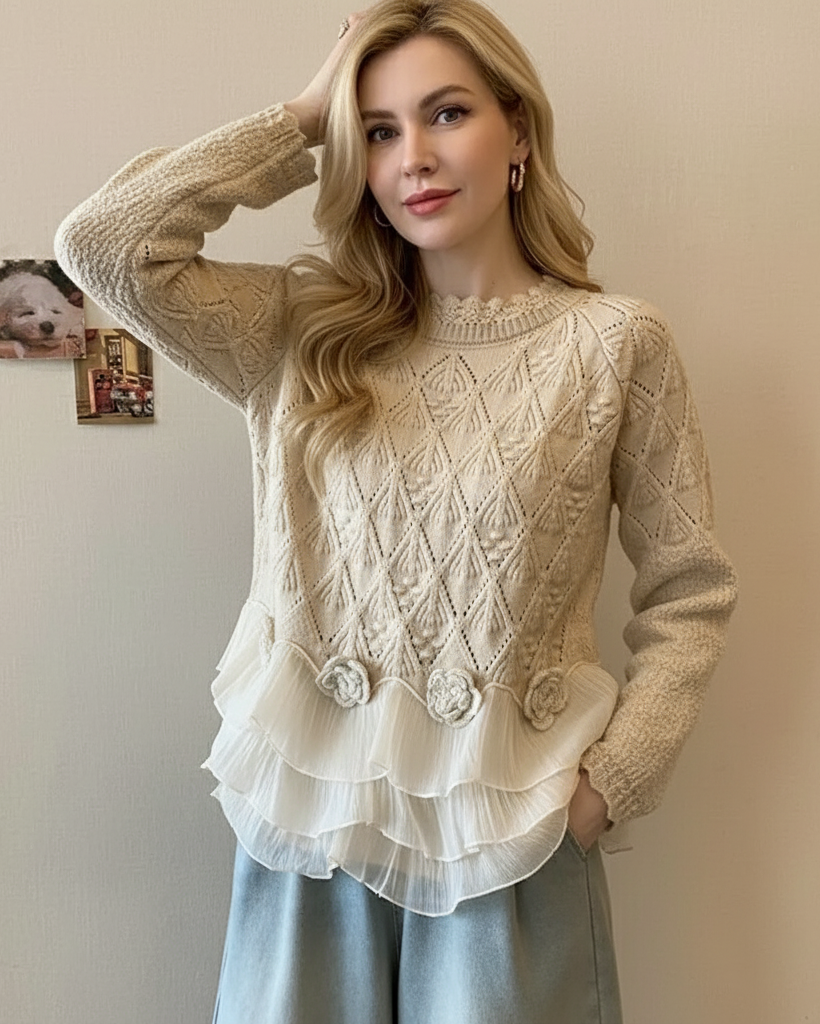 Lorena | Damen Strickpullover mit Rüschendetail - Cream - Image 1