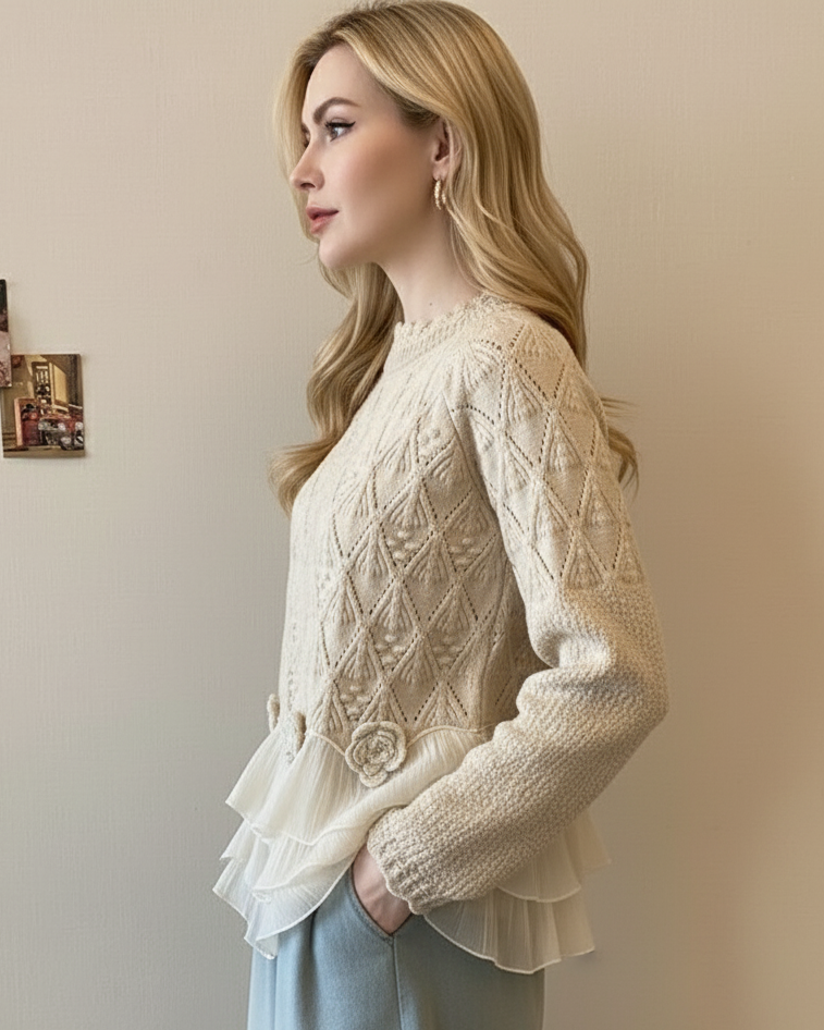 Lorena | Damen Strickpullover mit Rüschendetail - Cream - Image 3