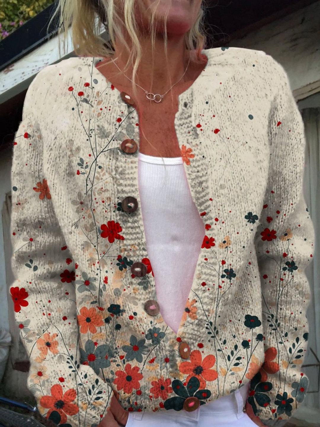 Loretta | Damen Strickjacke mit Blumenmuster - Cream - Image 1