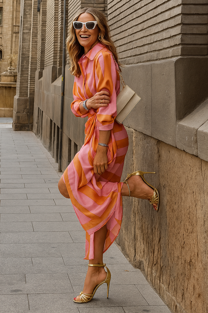 Stella | Damen Wickelkleid Midi Gemustert Sommerkleid Langarm