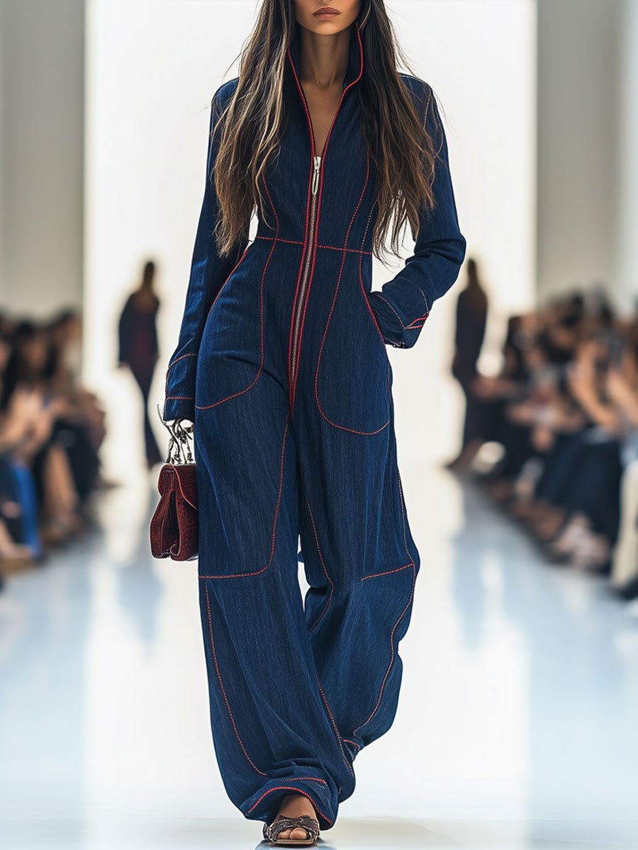 Lucasta | Damen Overall mit Weitem Bein und Langarm - Dark Blue - Image 1