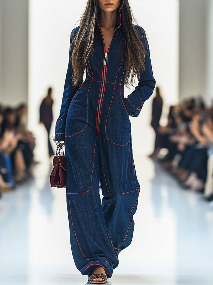 Lucasta | Damen Overall mit Weitem Bein und Langarm - Dark Blue - Image 1
