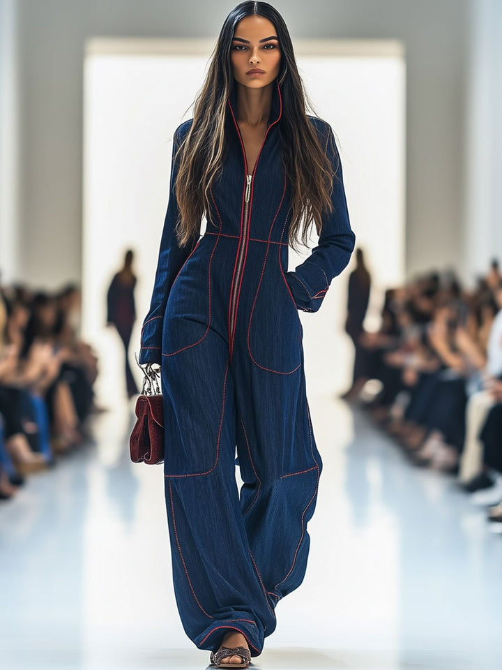 Lucasta | Damen Overall mit Weitem Bein und Langarm - Dark Blue - Image 3