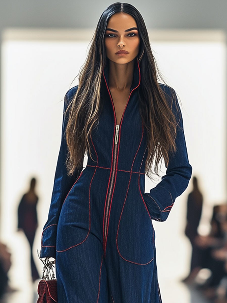 Lucasta | Damen Overall mit Weitem Bein und Langarm - Dark Blue - Image 4