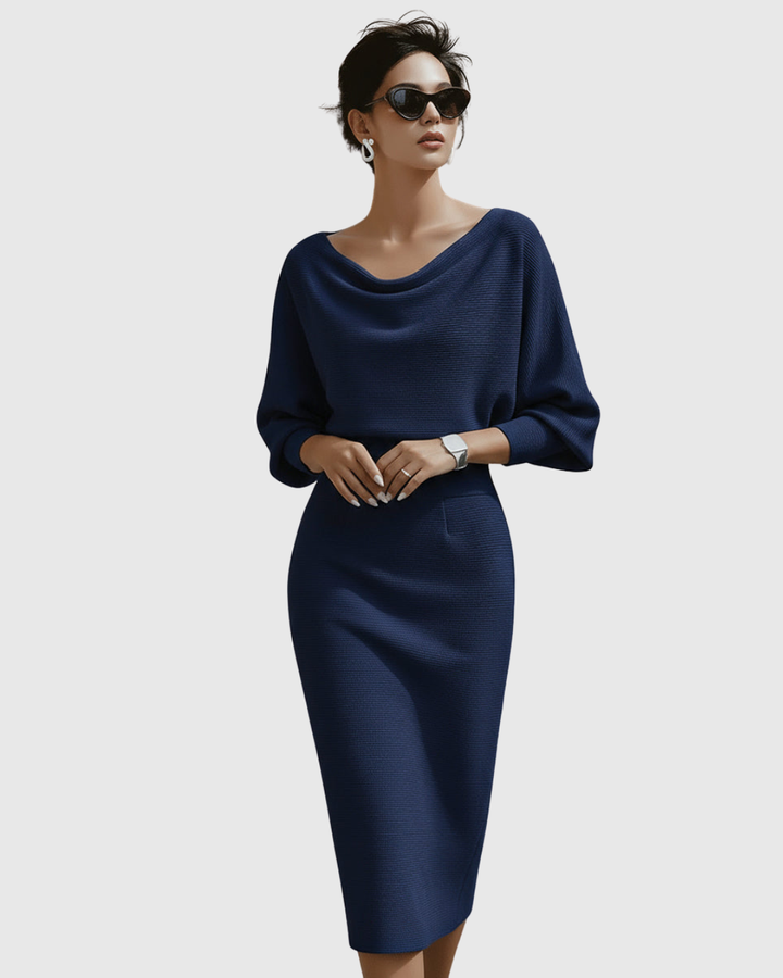 Lucinda | Damen Wasserfallkragen Midi Kleid - Navy - Image 1
