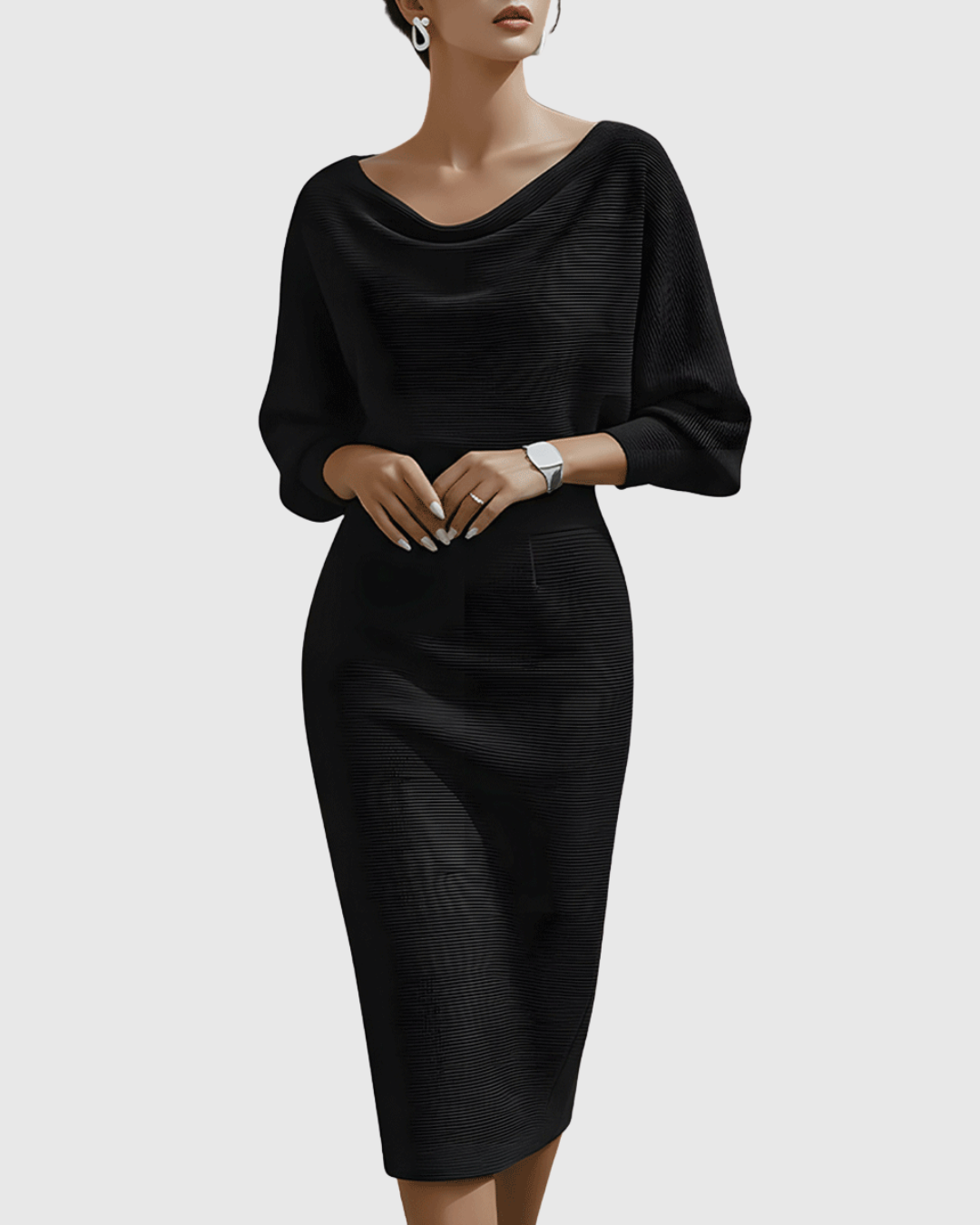 Lucinda | Damen Wasserfallkragen Midi Kleid - Navy - Image 3