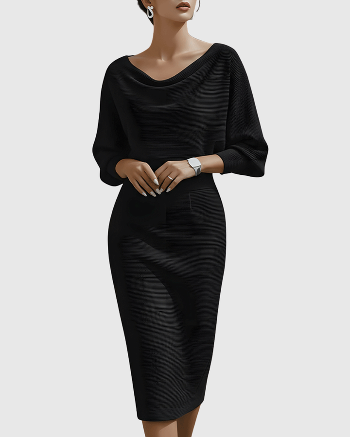 Lucinda | Damen Wasserfallkragen Midi Kleid - Navy - Image 3