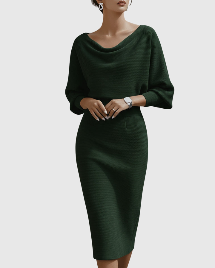 Lucinda | Damen Wasserfallkragen Midi Kleid - Navy - Image 4