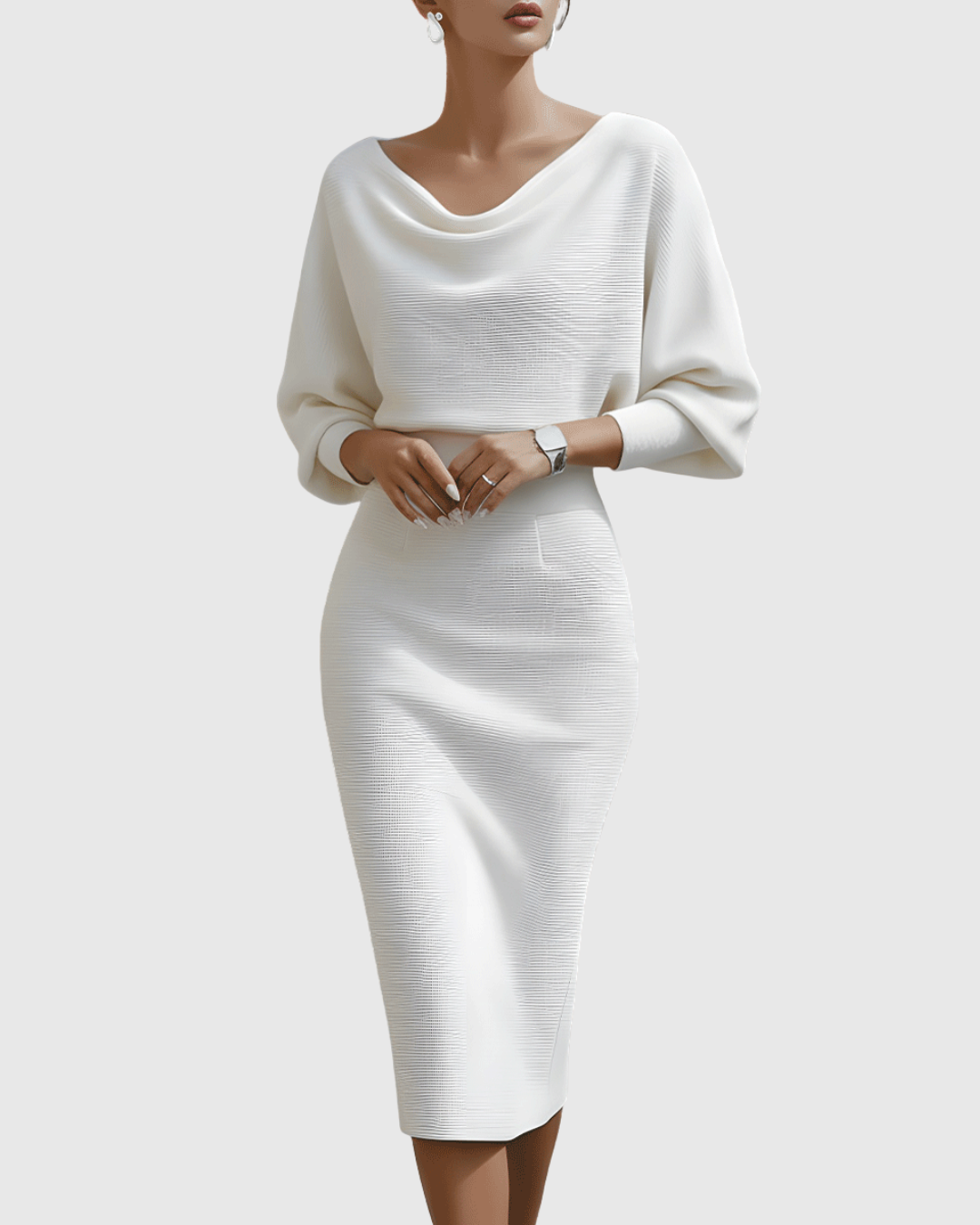 Lucinda | Damen Wasserfallkragen Midi Kleid - Navy - Image 7