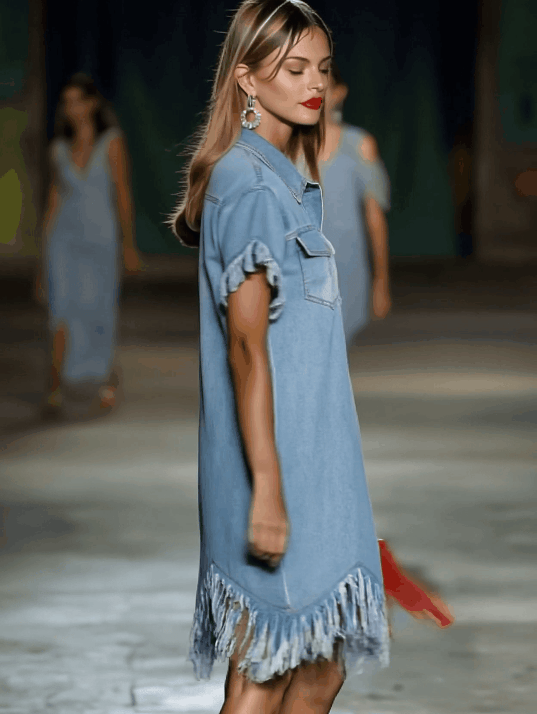 Lucretia | Damen Hemdkleid mit Fransen Mini - Light Blue - Image 3