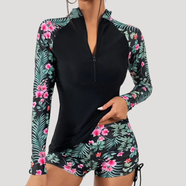Lysandra | Damen Langarm Blumen Badeanzug Set - Floral - Image 1