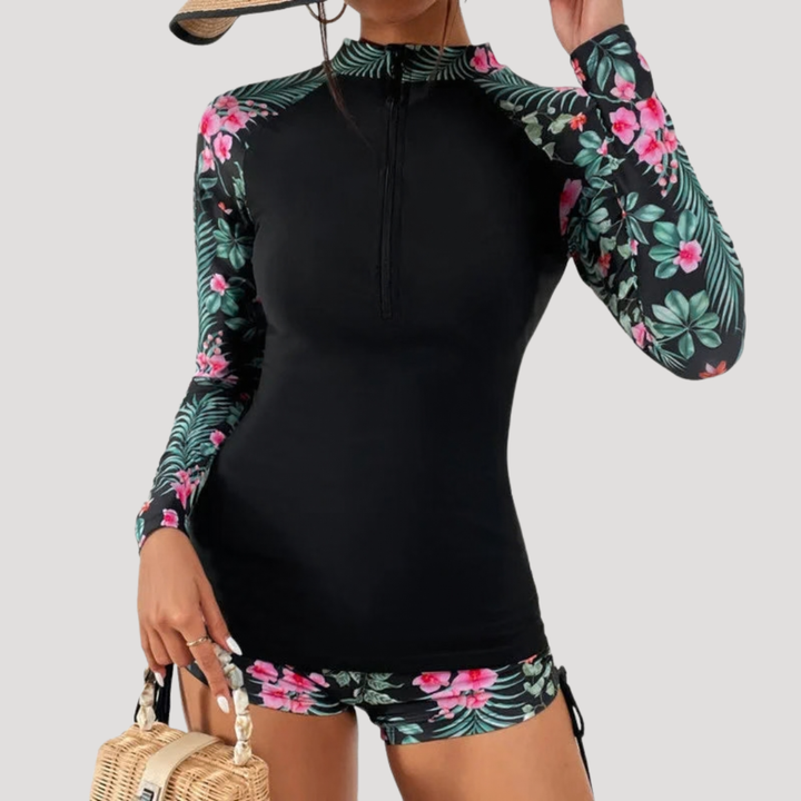 Lysandra | Damen Langarm Blumen Badeanzug Set - Floral - Image 2