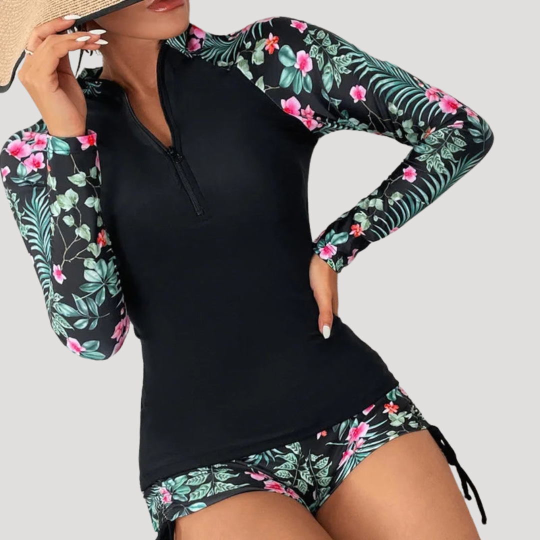 Lysandra | Damen Langarm Blumen Badeanzug Set - Floral - Image 3
