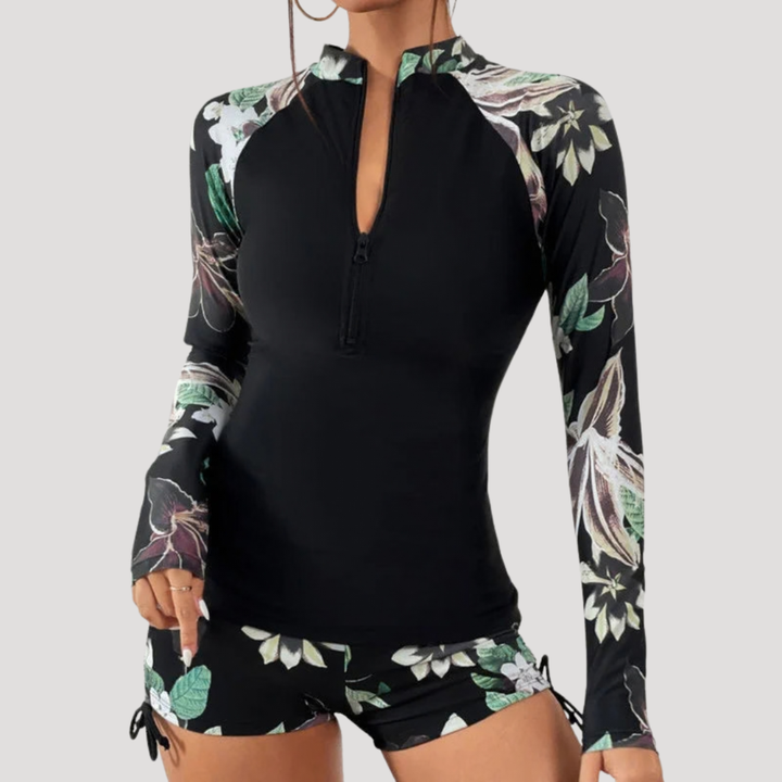 Lysandra | Damen Langarm Blumen Badeanzug Set - Floral - Image 8