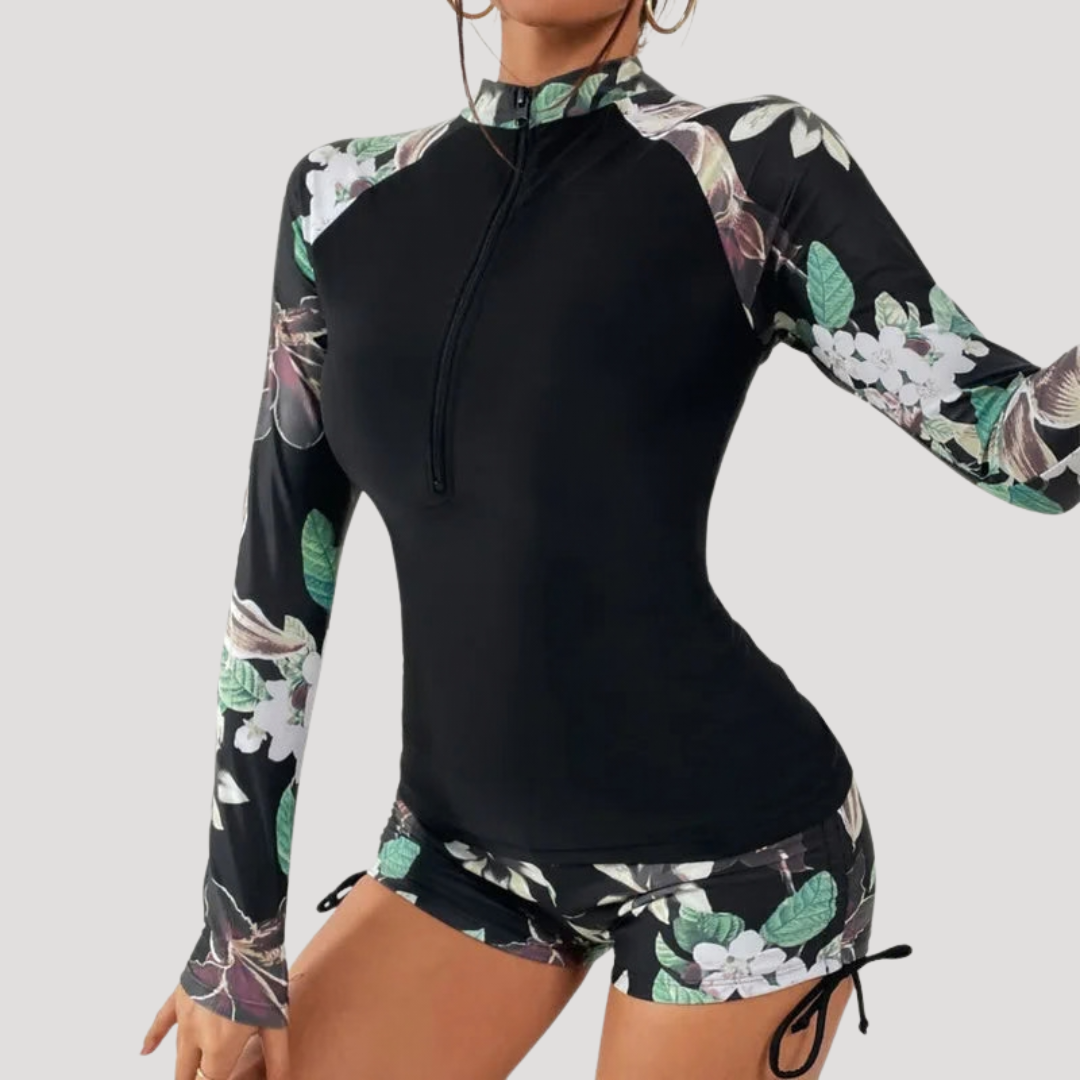Lysandra | Damen Langarm Blumen Badeanzug Set - Floral - Image 9
