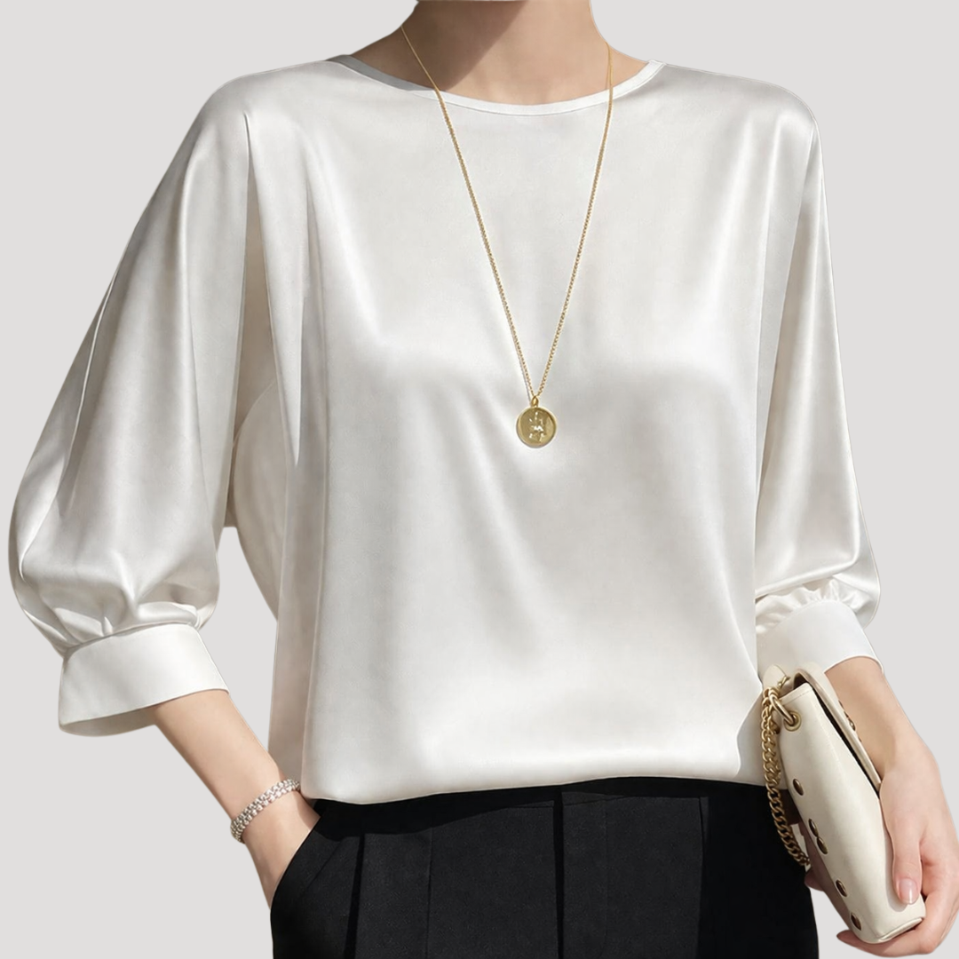 Lysandra | Damen Rundhals Langarm Bluse - White - Image 2