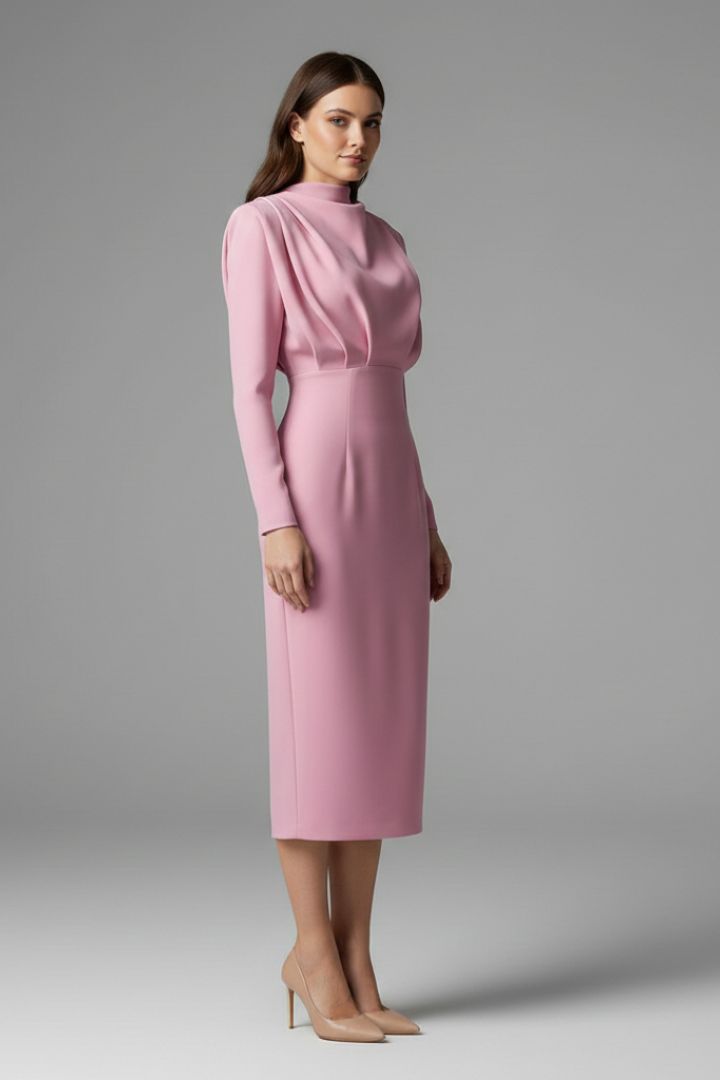 Lysithea | Damen Rollkragen Langarm Maxikleid - Pink - Image 3