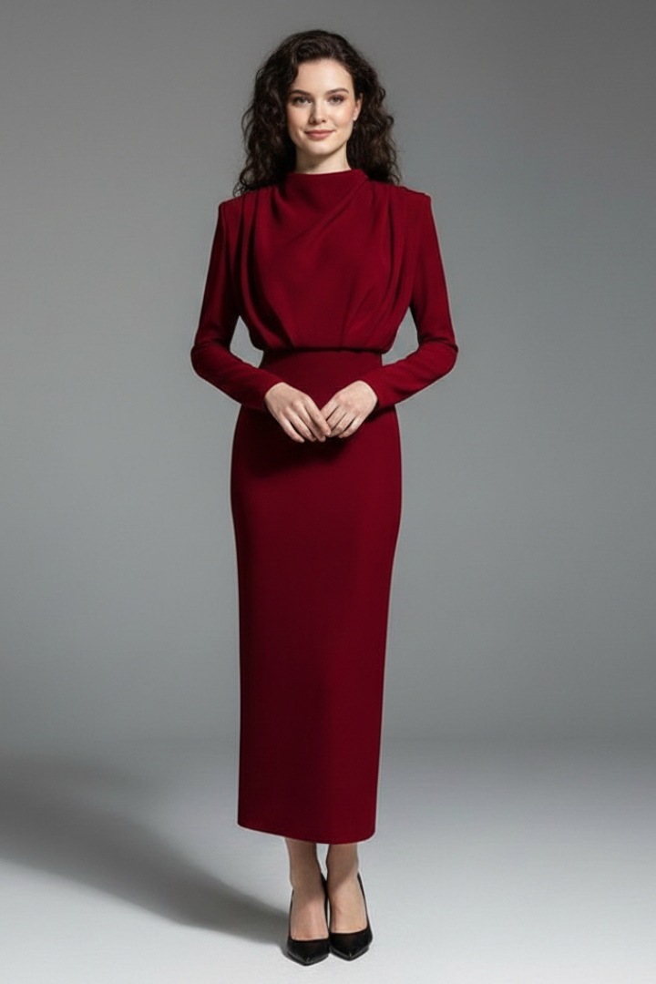 Lysithea | Damen Rollkragen Langarm Maxikleid - Pink - Image 6