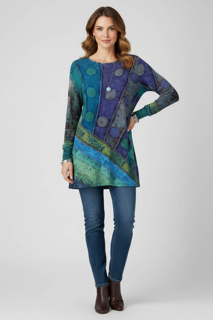 Magdalena | Damen Langarm Tunika mit Patchwork Muster - Image 2